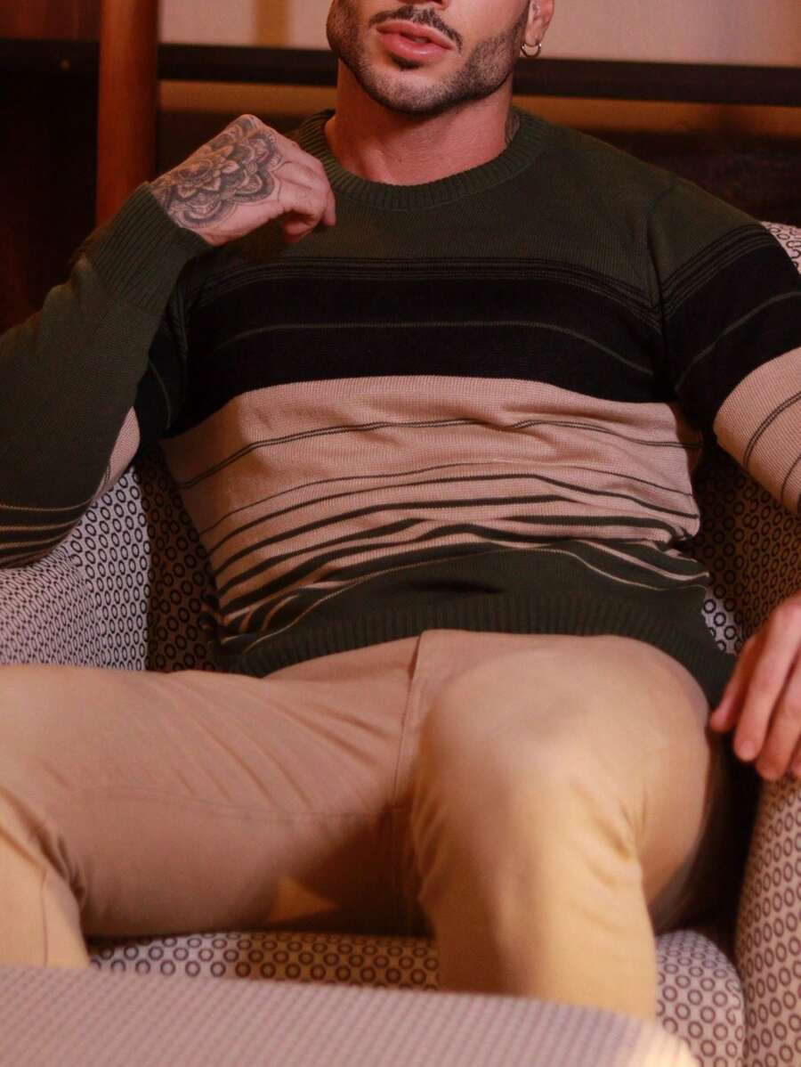 Suéter Masculino Tricô Listrado Texturizado