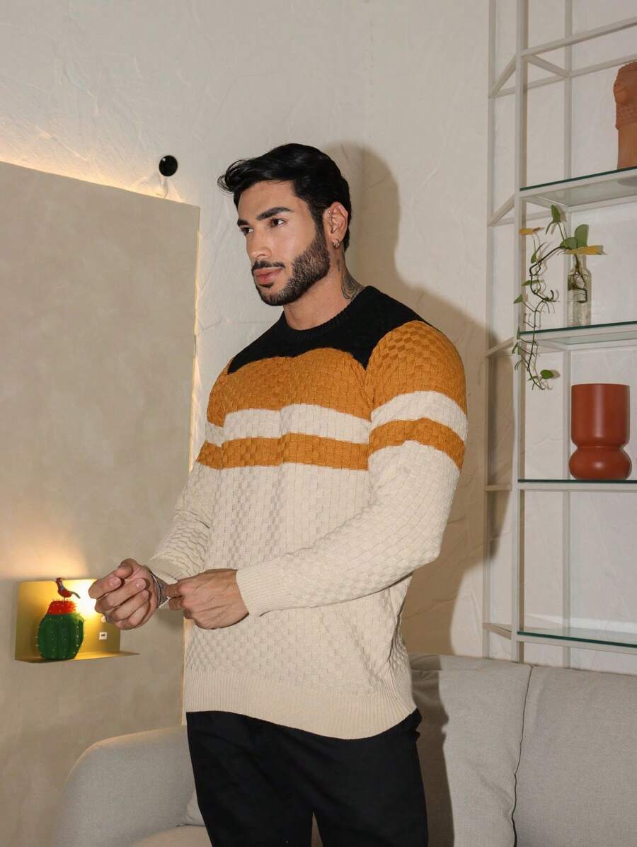 Suéter Masculino Tricô Listrado Gola Redonda