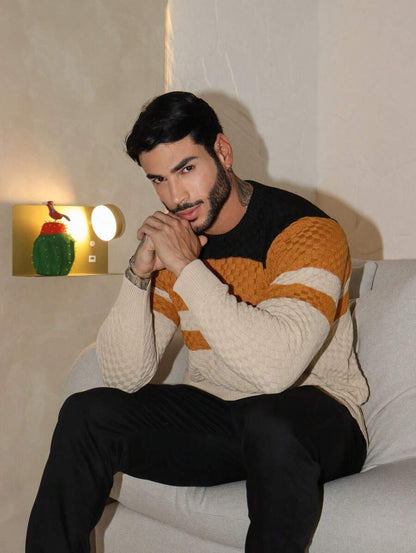Suéter Masculino Tricô Listrado Gola Redonda