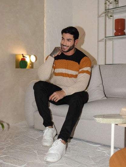 Suéter Masculino Tricô Listrado Gola Redonda