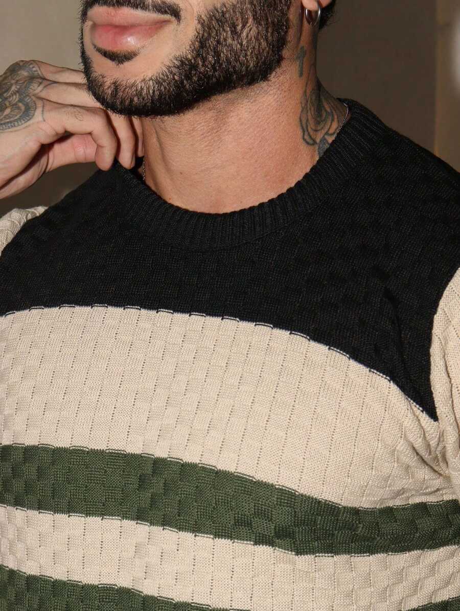 Suéter Masculino Tricô Listrado Gola Redonda