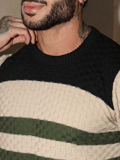 Suéter Masculino Tricô Listrado Gola Redonda