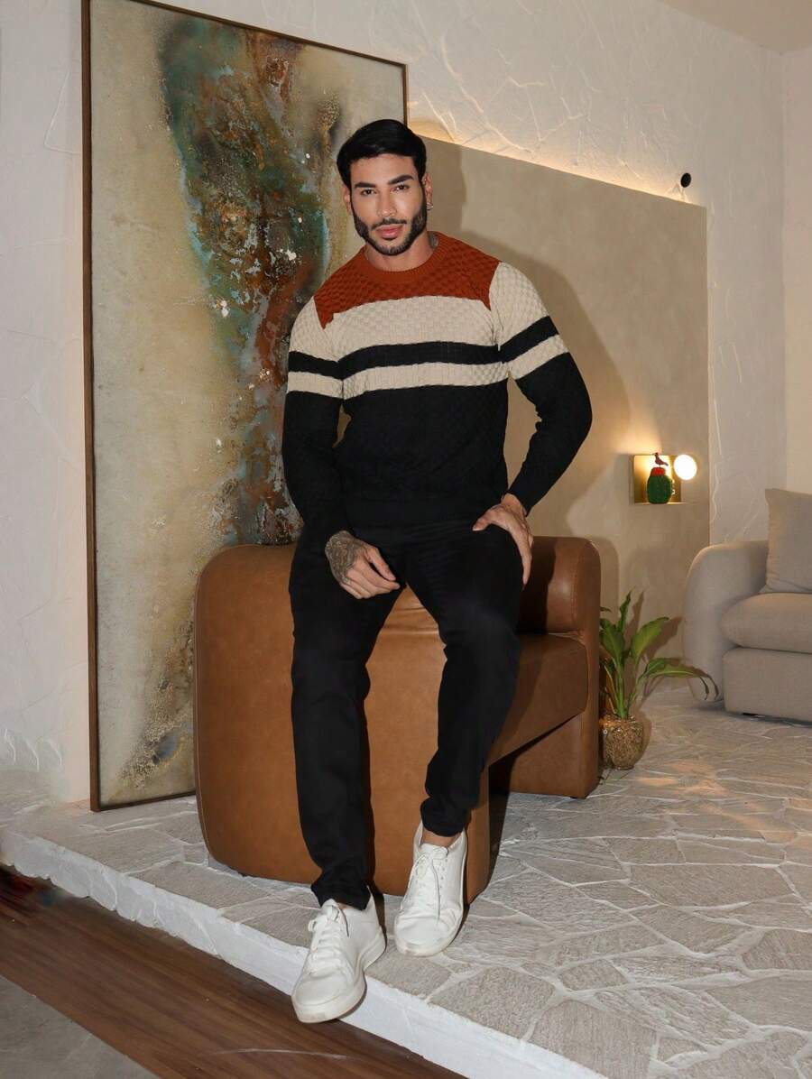 Suéter Masculino Tricô Listrado Gola Redonda