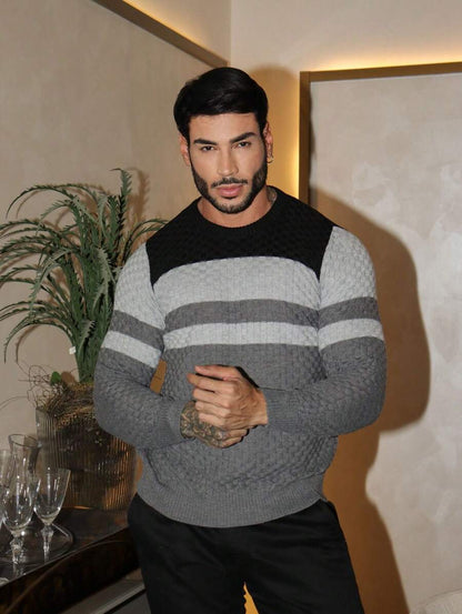 Suéter Masculino Tricô Listrado Gola Redonda