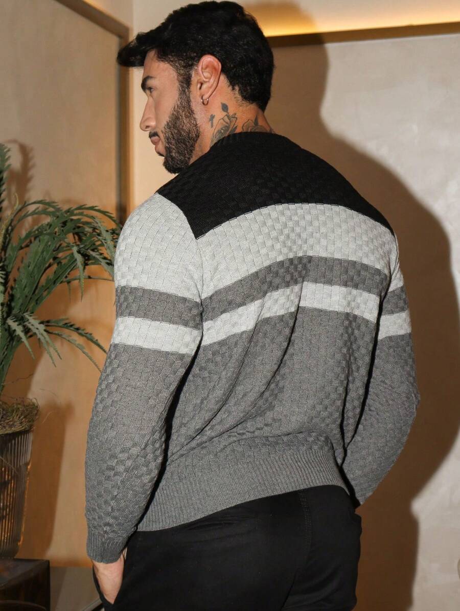 Suéter Masculino Tricô Listrado Gola Redonda
