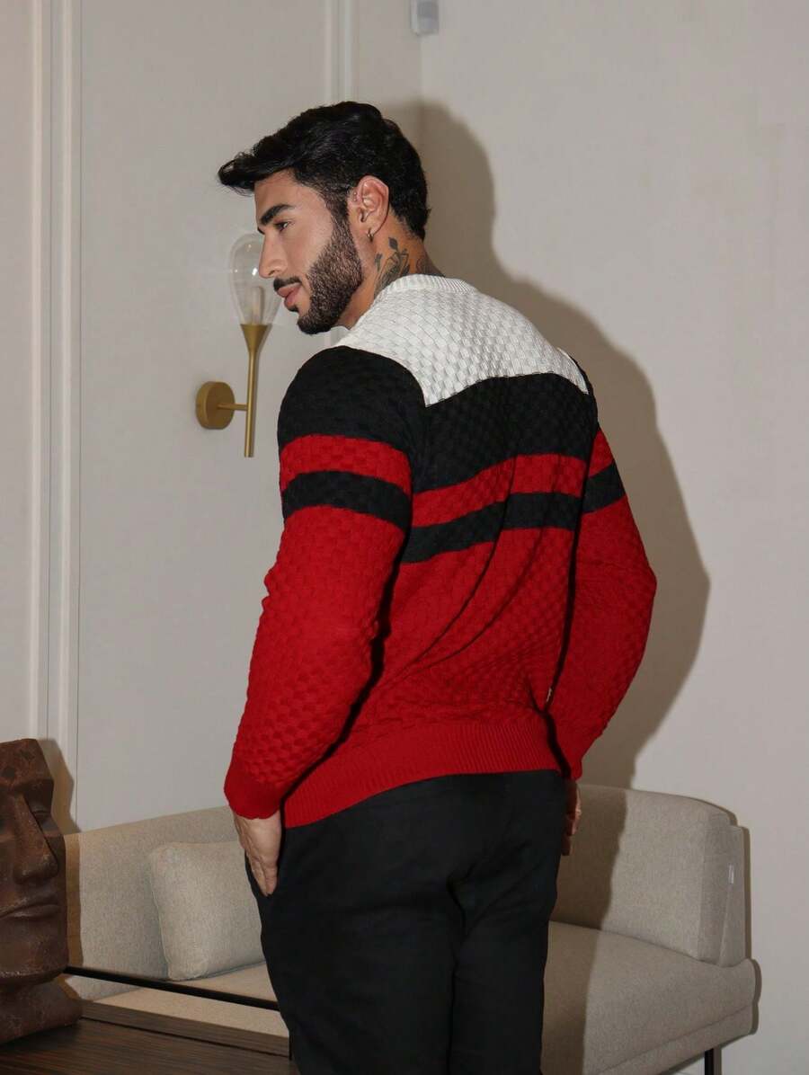 Suéter Masculino Tricô Listrado Gola Redonda