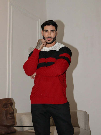Suéter Masculino Tricô Listrado Gola Redonda