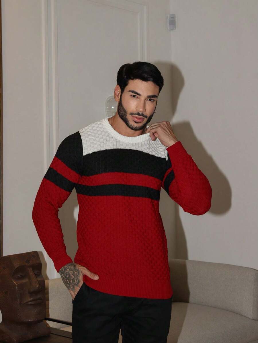 Suéter Masculino Tricô Listrado Gola Redonda