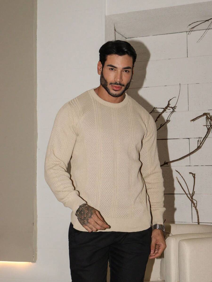 Suéter Masculino Tricô Texturizado Gola Redonda