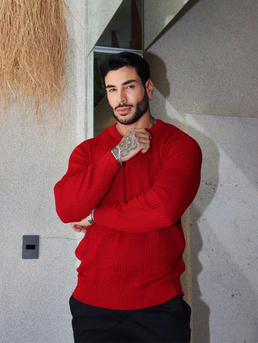 Suéter Masculino Tricô Texturizado Gola Redonda