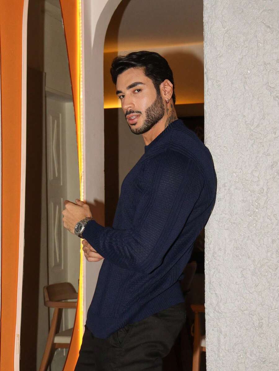 Suéter Masculino Tricô Texturizado Gola Redonda