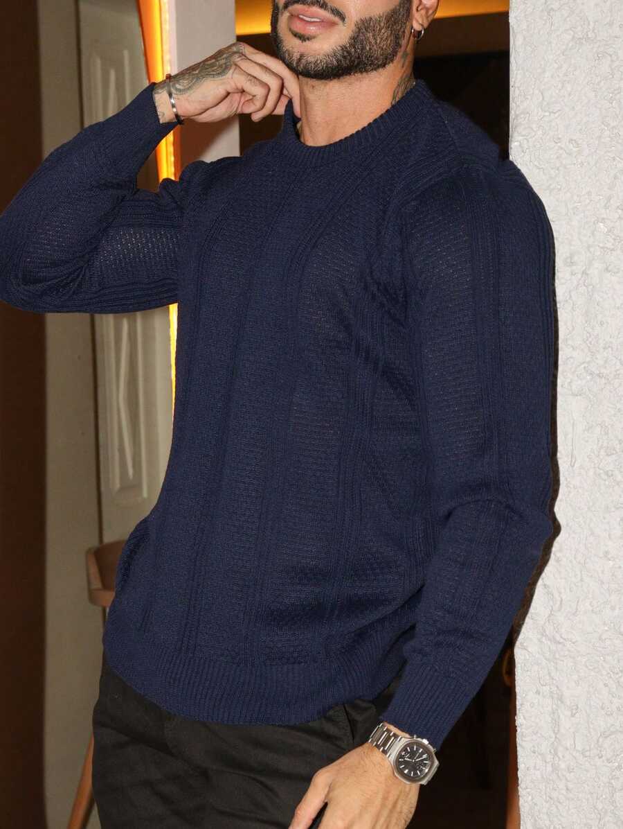 Suéter Masculino Tricô Texturizado Gola Redonda