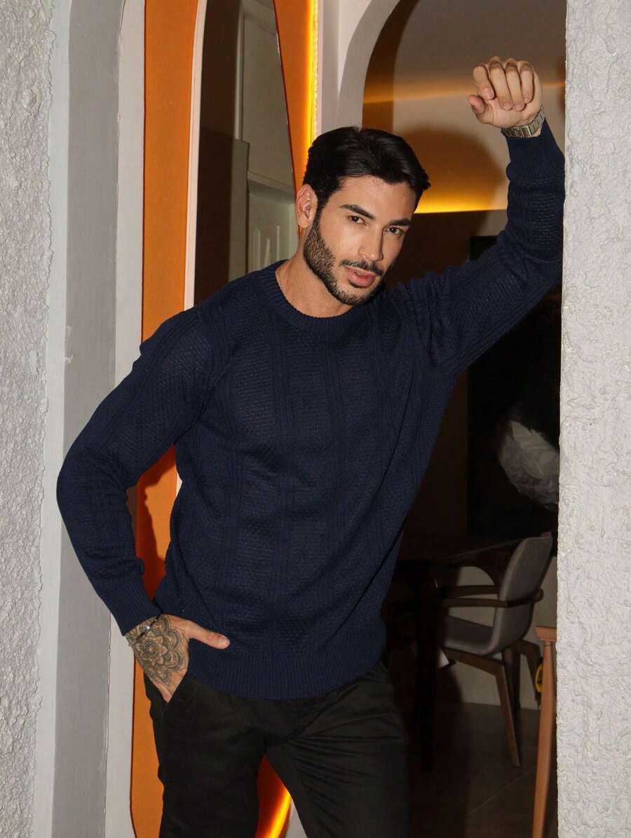 Suéter Masculino Tricô Texturizado Gola Redonda