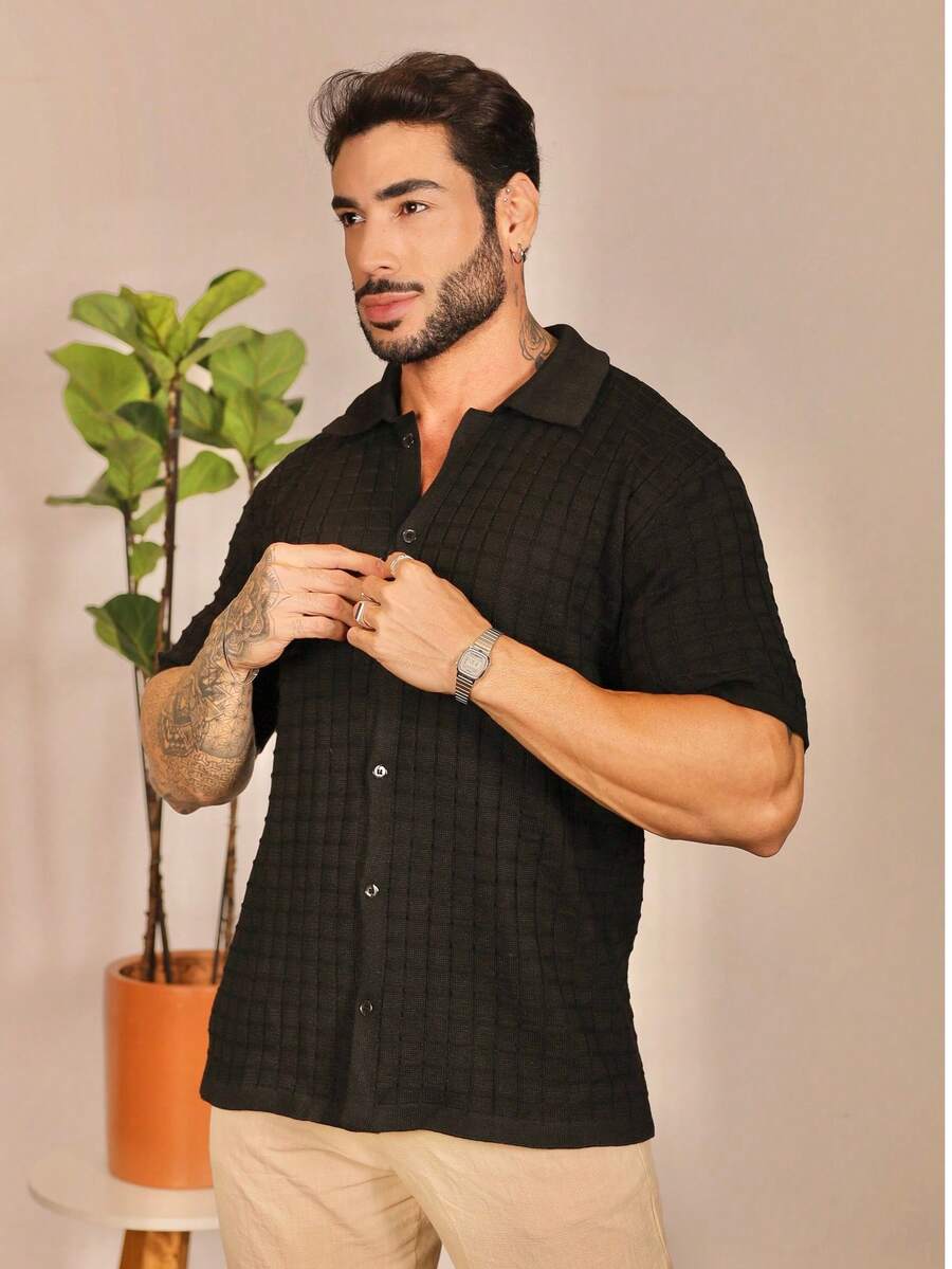 Camisa Oversized Masculina Tricô Texturizada Manga Curta