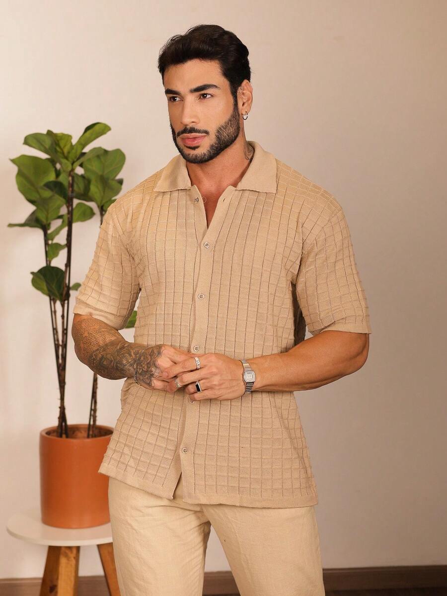 Camisa Oversized Masculina Tricô Texturizada Manga Curta