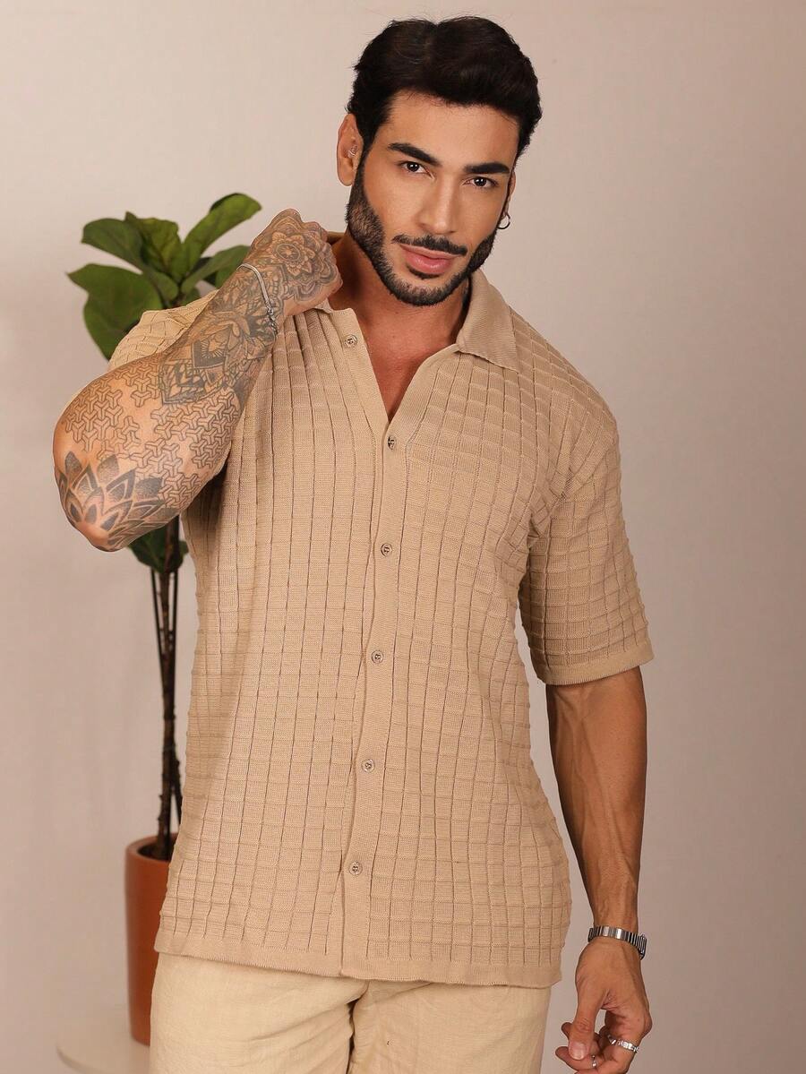 Camisa Oversized Masculina Tricô Texturizada Manga Curta
