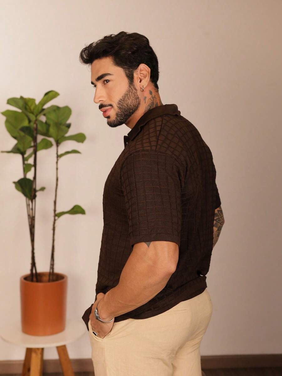 Camisa Oversized Masculina Tricô Texturizada Manga Curta