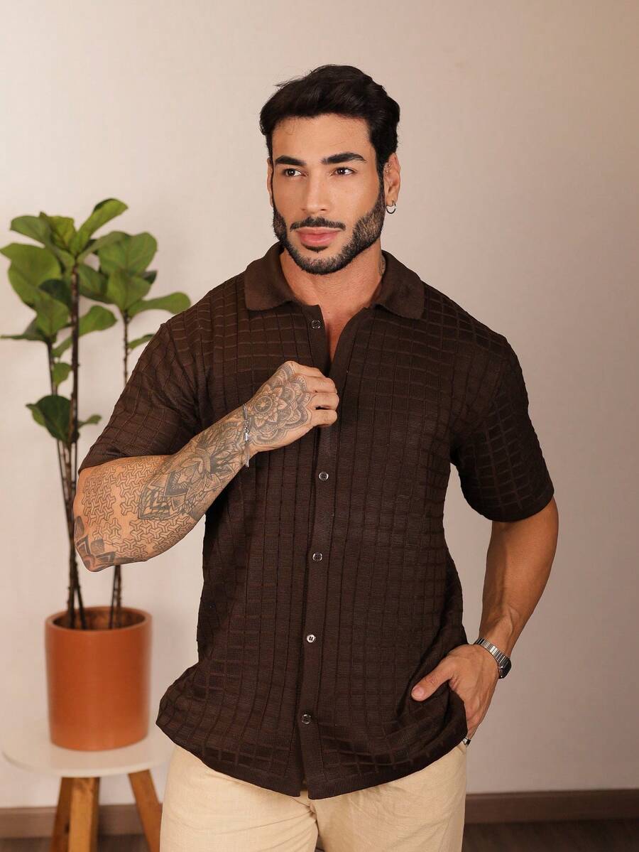Camisa Oversized Masculina Tricô Texturizada Manga Curta