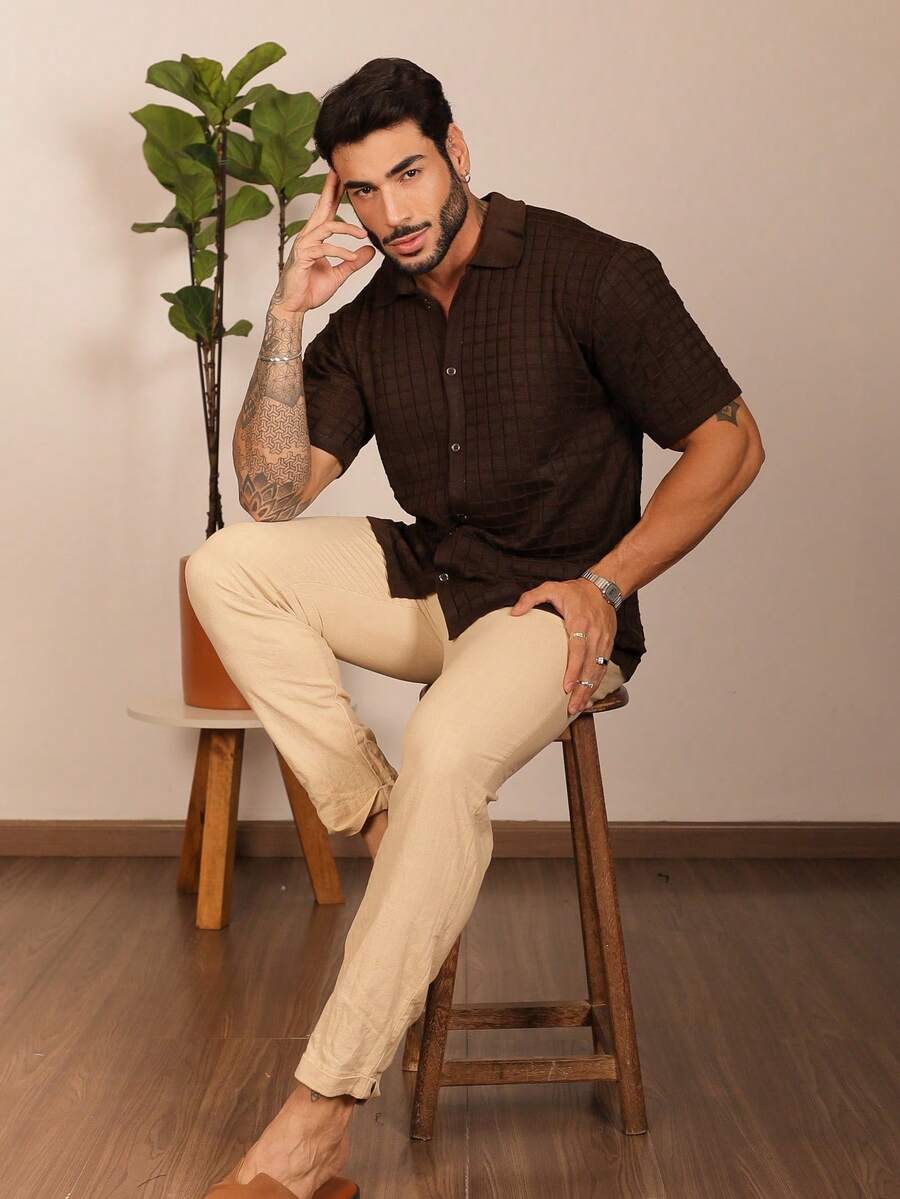 Camisa Oversized Masculina Tricô Texturizada Manga Curta