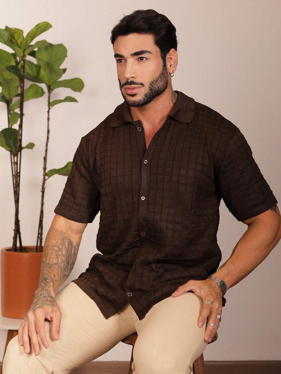 Camisa Oversized Masculina Tricô Texturizada Manga Curta