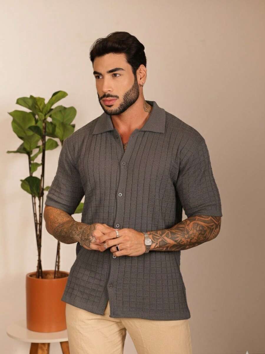Camisa Oversized Masculina Tricô Texturizada Manga Curta