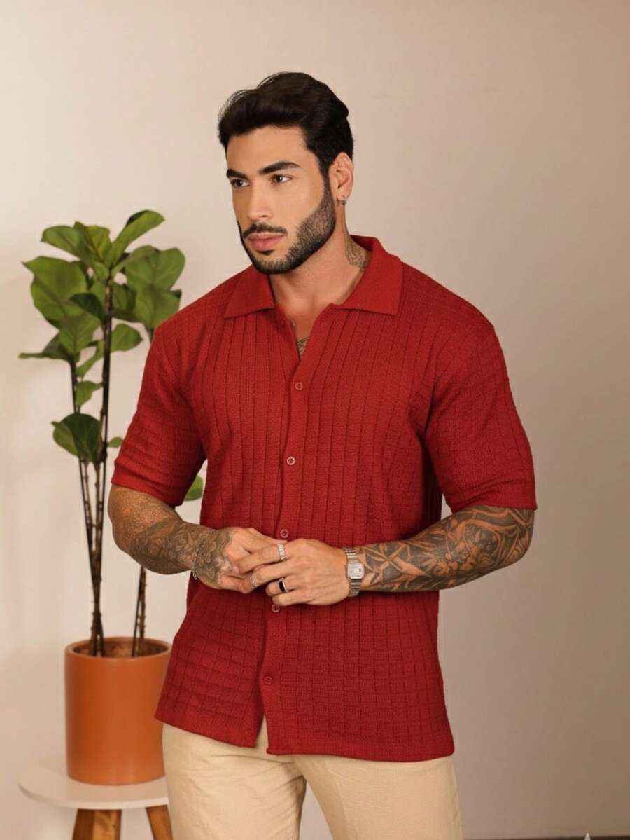 Camisa Oversized Masculina Tricô Texturizada Manga Curta