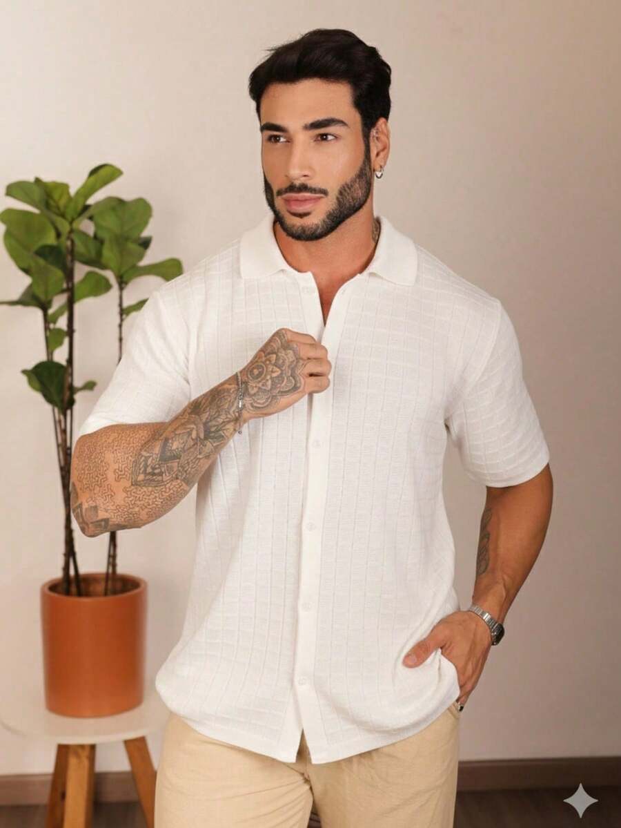 Camisa Oversized Masculina Tricô Texturizada Manga Curta
