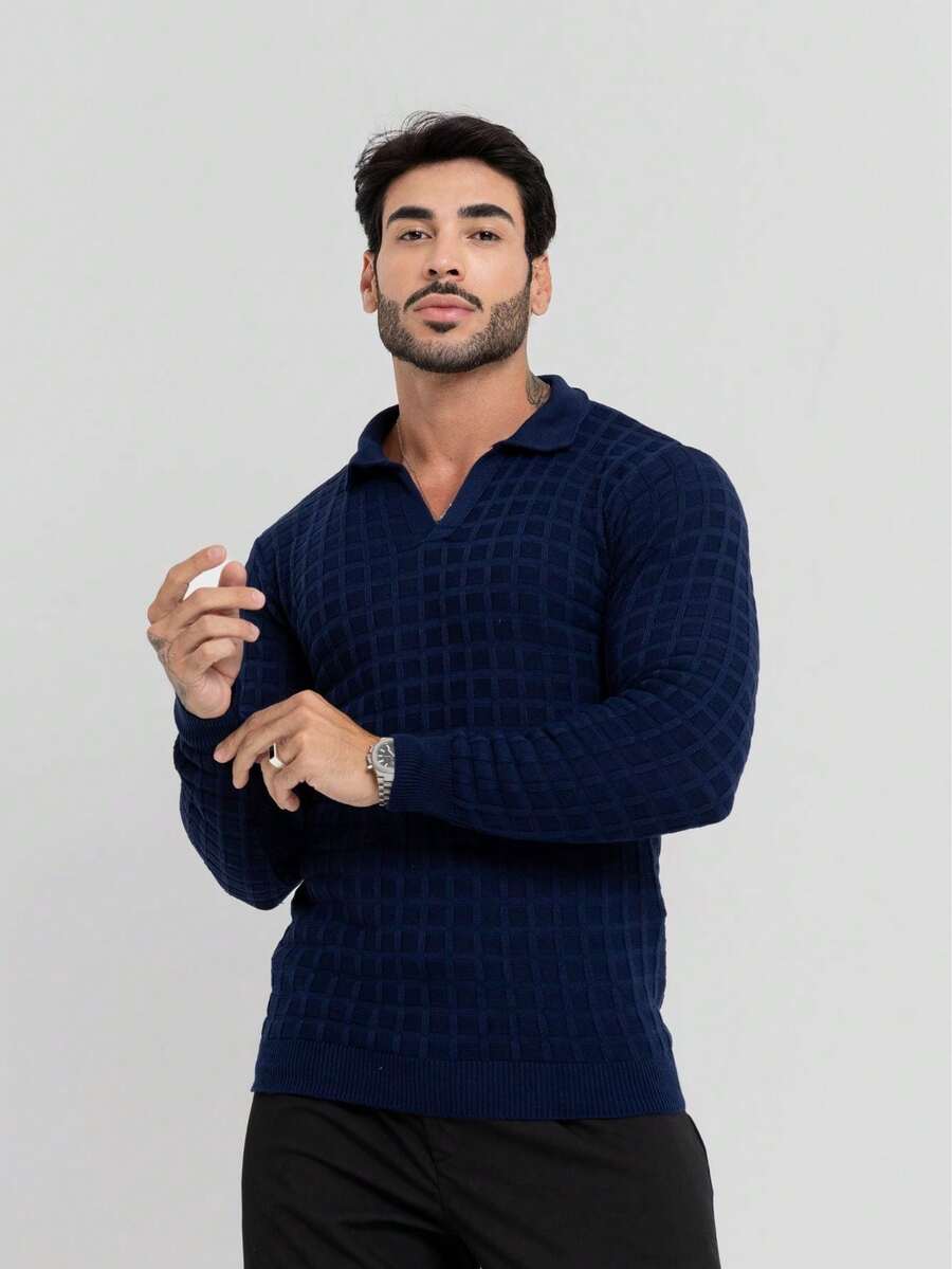 Suéter Masculino Tricô Gola Polo Texturizado