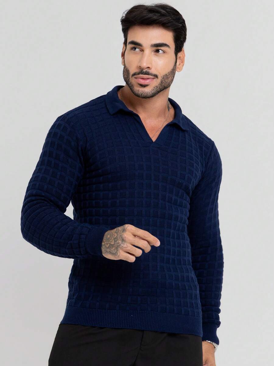 Suéter Masculino Tricô Gola Polo Texturizado