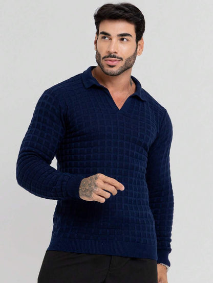 Suéter Masculino Tricô Gola Polo Texturizado