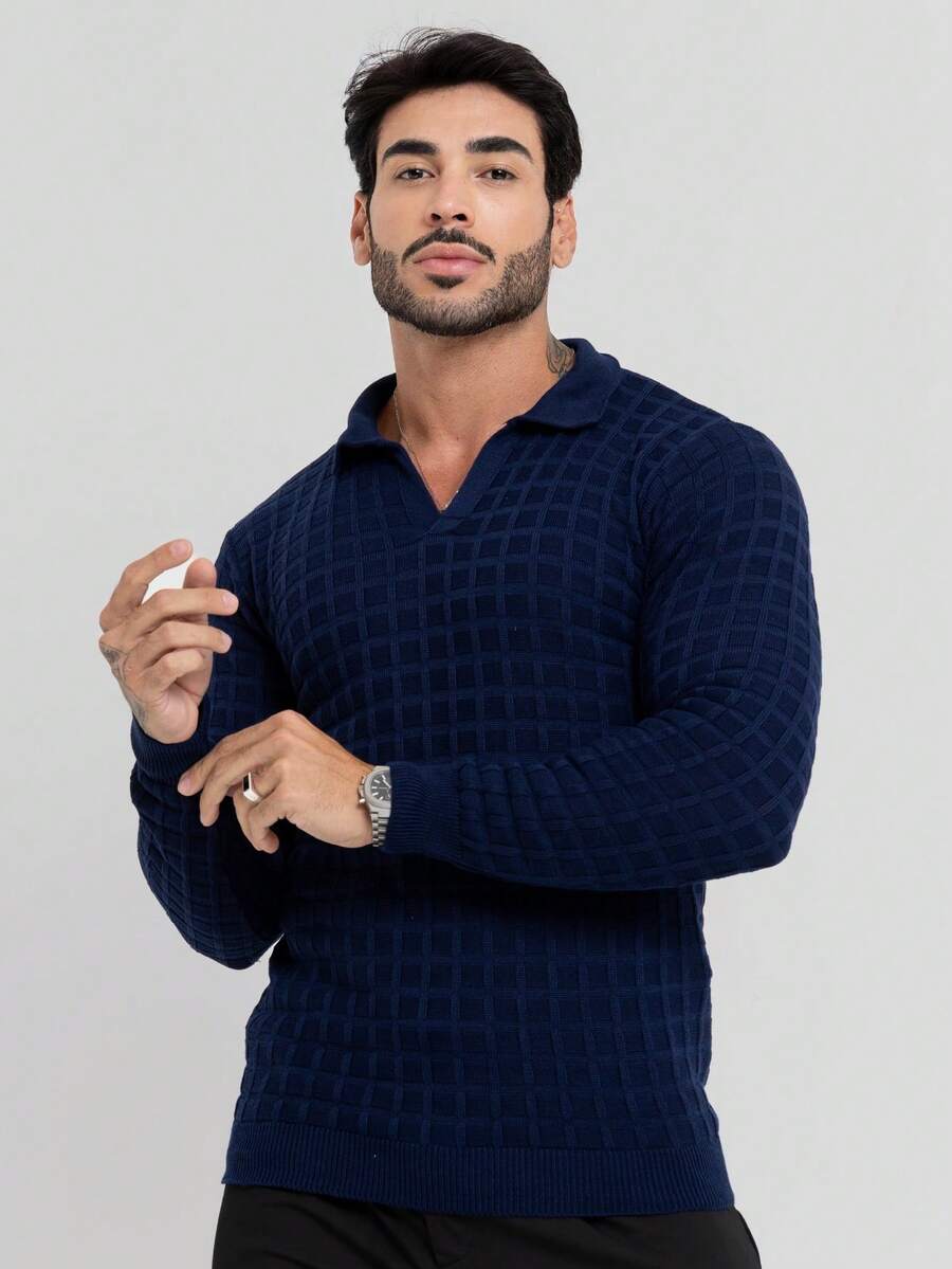 Suéter Masculino Tricô Gola Polo Texturizado