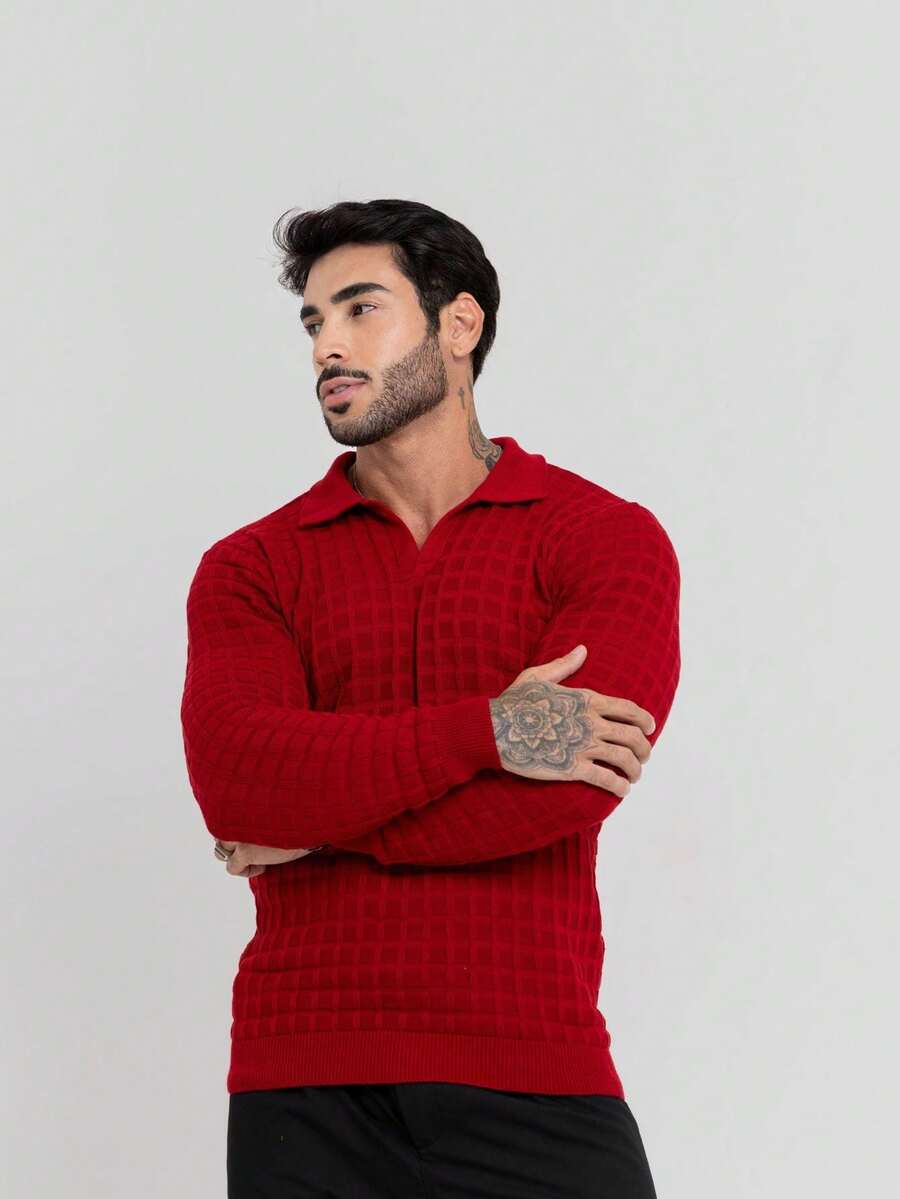 Suéter Masculino Tricô Gola Polo Texturizado