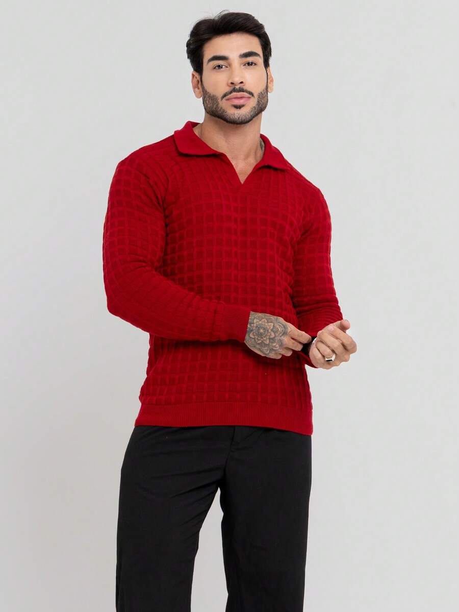 Suéter Masculino Tricô Gola Polo Texturizado
