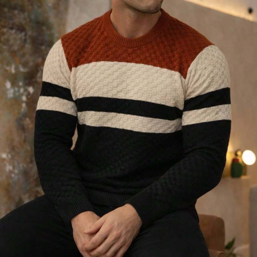 Suéter Masculino Tricô Listrado Gola Redonda
