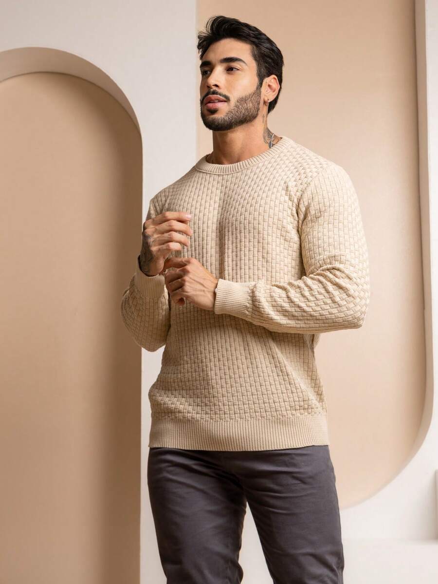 Suéter Masculino Tricô Trama Elegante Gola Redonda