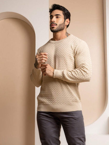 Suéter Masculino Tricô Trama Elegante Gola Redonda