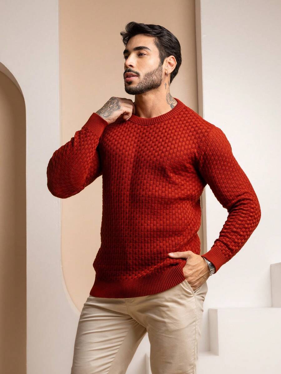 Suéter Masculino Tricô Trama Elegante Gola Redonda
