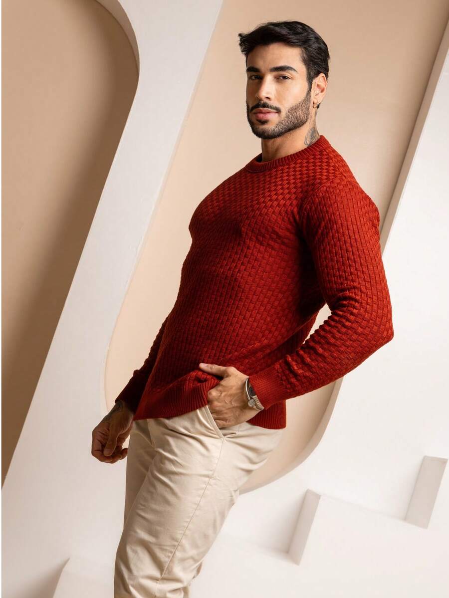Suéter Masculino Tricô Trama Elegante Gola Redonda