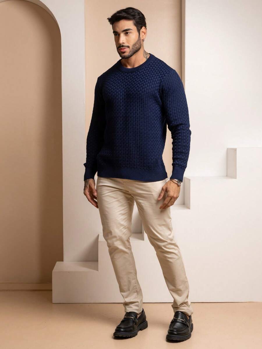 Suéter Masculino Tricô Trama Elegante Gola Redonda