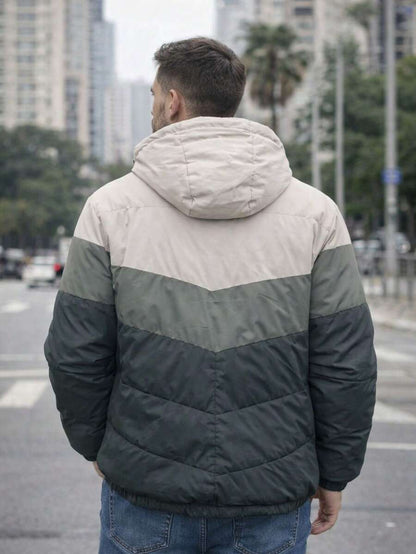 Jaqueta Puffer Masculina Capuz Bloco de Cores