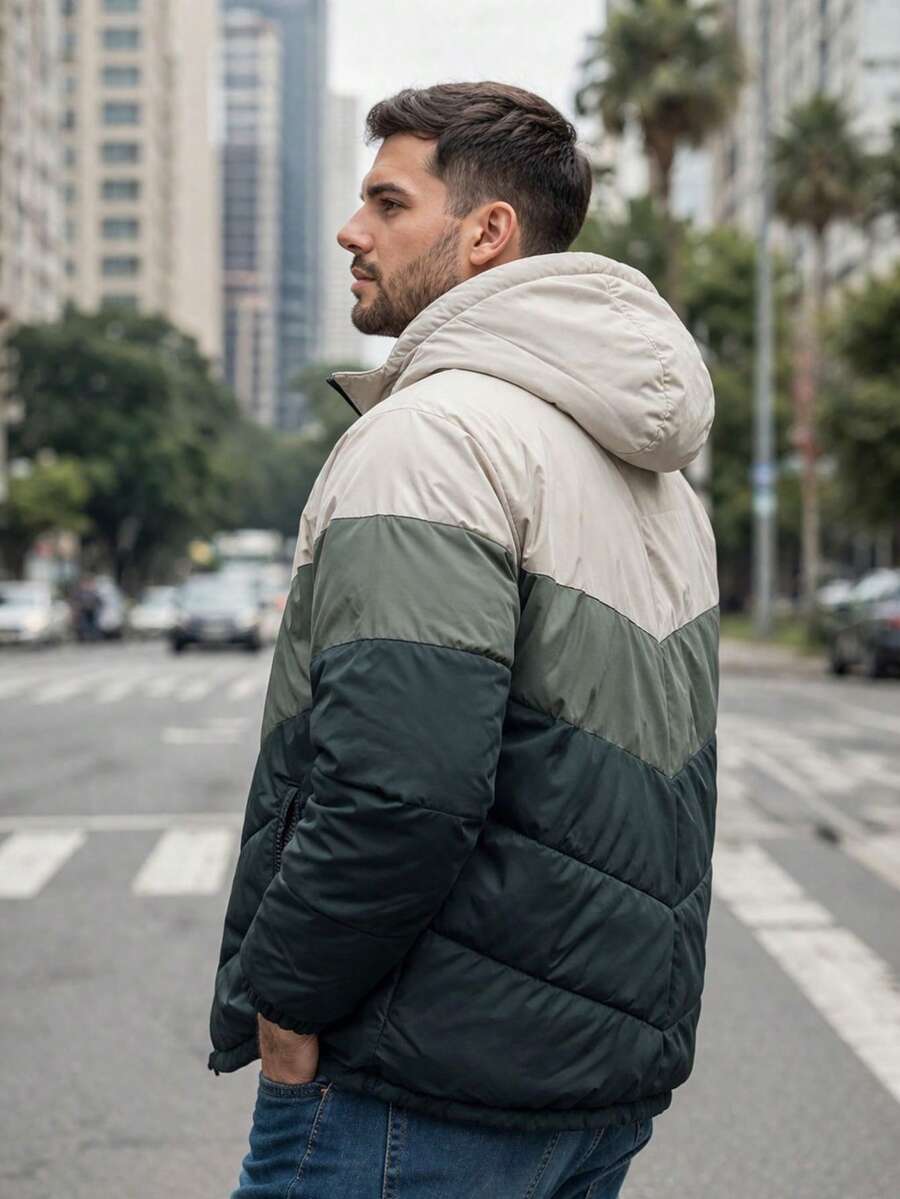 Jaqueta Puffer Masculina Capuz Bloco de Cores