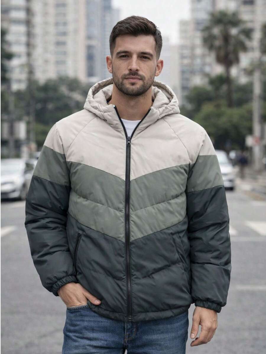 Jaqueta Puffer Masculina Capuz Bloco de Cores