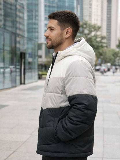Jaqueta Puffer Masculina Capuz Bloco de Cores