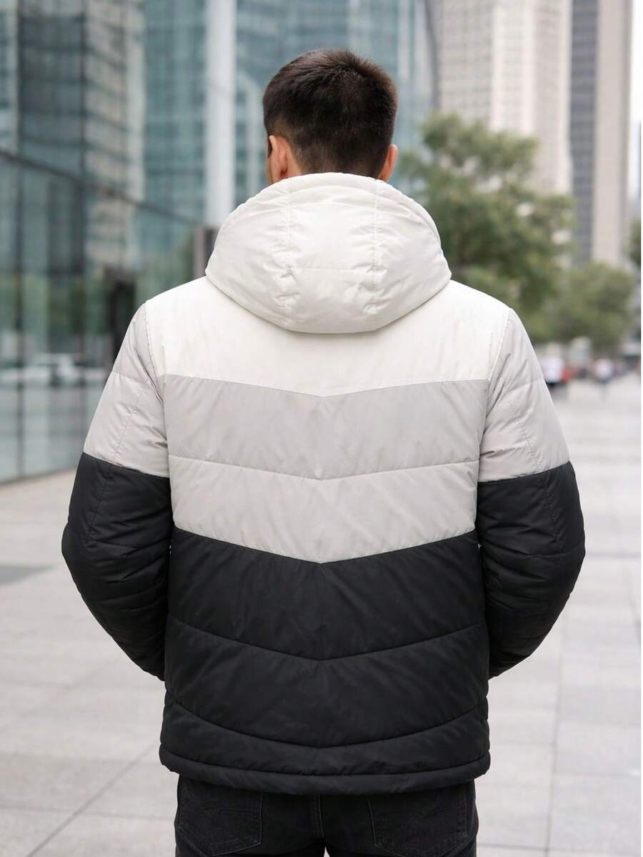 Jaqueta Puffer Masculina Capuz Bloco de Cores