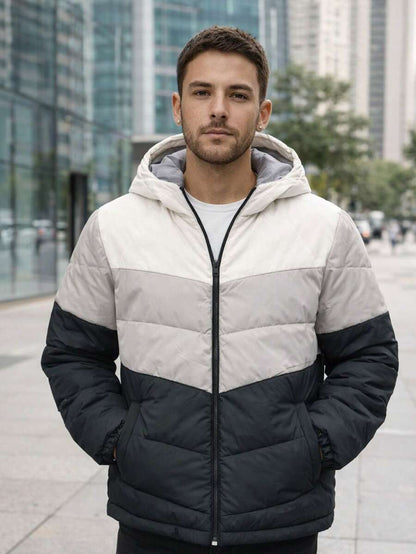 Jaqueta Puffer Masculina Capuz Bloco de Cores