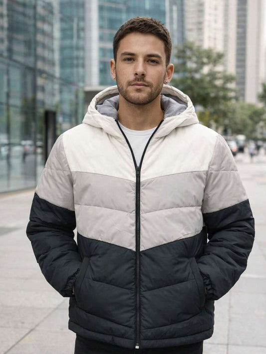 Jaqueta Puffer Masculina Capuz Bloco de Cores