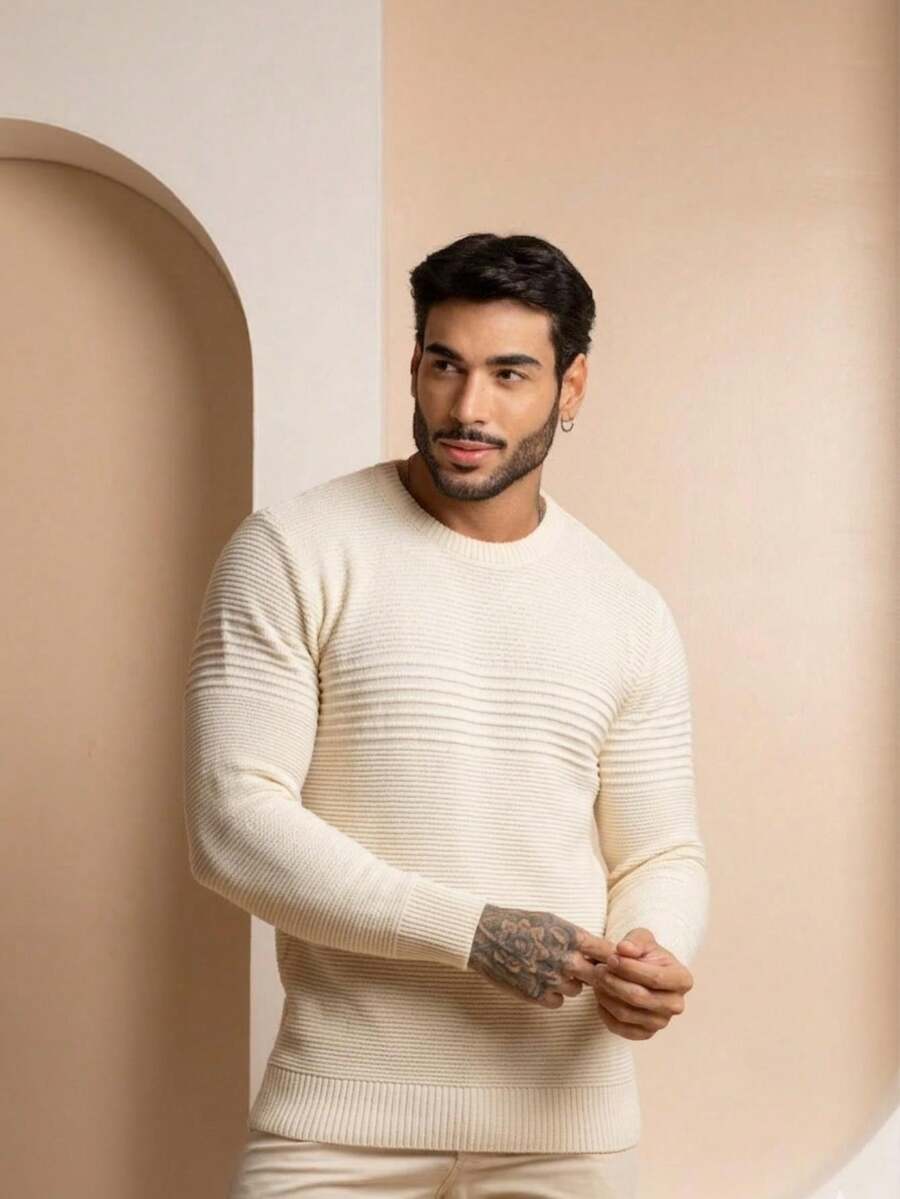 Suéter Masculino Tricô Recorte Texturizado Punho Canelado