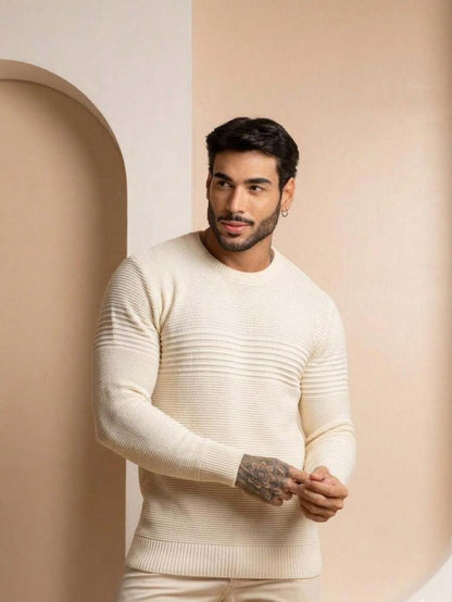 Suéter Masculino Tricô Recorte Texturizado Punho Canelado