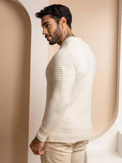 Suéter Masculino Tricô Recorte Texturizado Punho Canelado