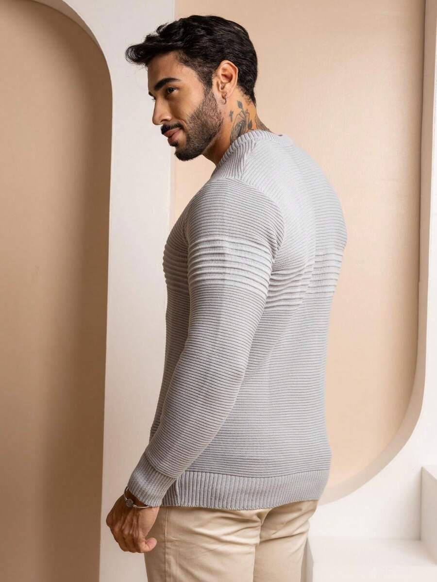 Suéter Masculino Tricô Recorte Texturizado Punho Canelado